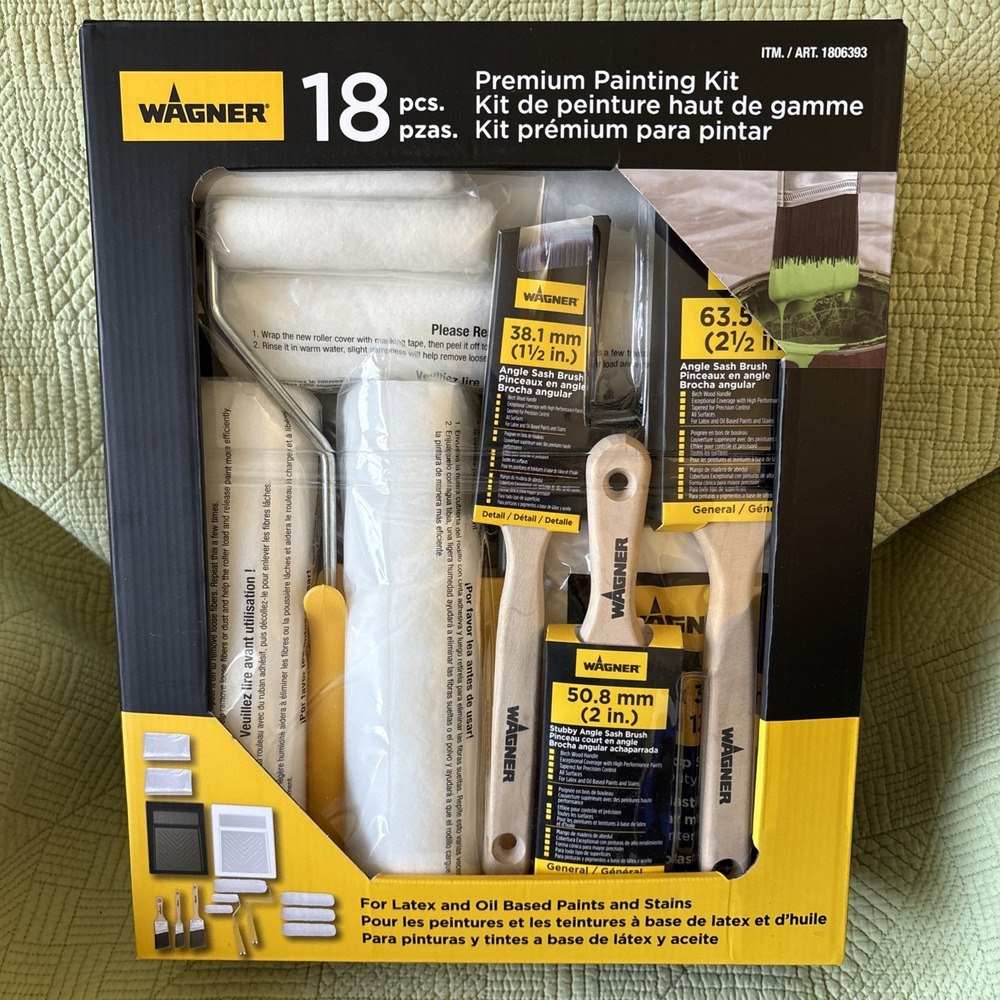 Wagner 18Pc Premium Painting Kit Rollers Brushes Tray Liner Drop Cloth Latex Oil